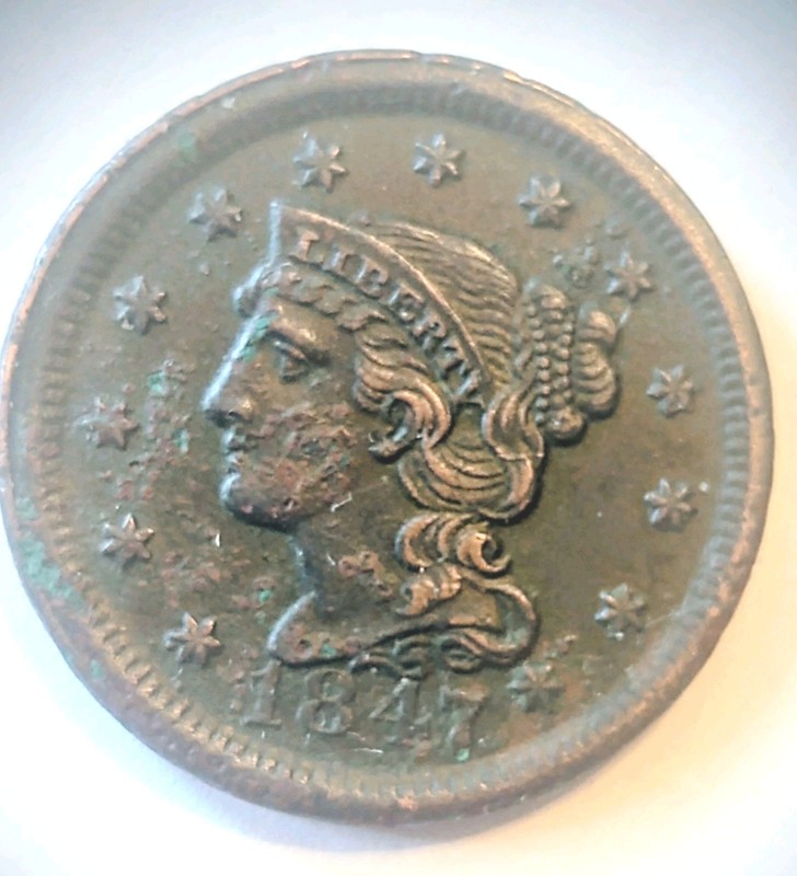 1847 1C BN Copper Braided Hair Cent Nice Condition 