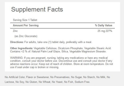 PURITAN'S PRIDE Zinc, 25 mg, 100 TABLETS - VEGETARIAN Formula, Free UK P&P - Picture 2 of 2