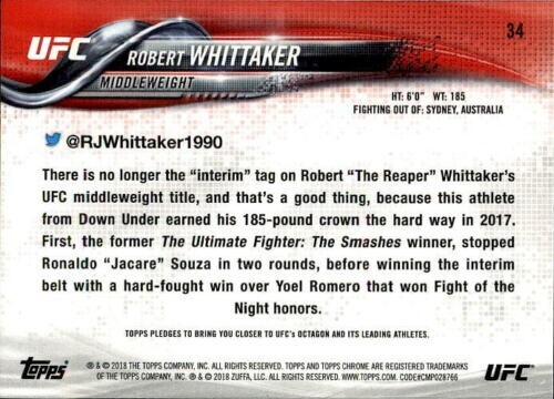 2018 TOPPS UFC CHROME BASE ROBERT WHITTAKER #34 UFC MMA Champ 1.00 Shipping - Picture 2 of 2