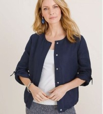Chico's 100 Linen Utility Jacket 3/4 Sleeve Roll Tab Blue Sz 3 US 16/18 1429