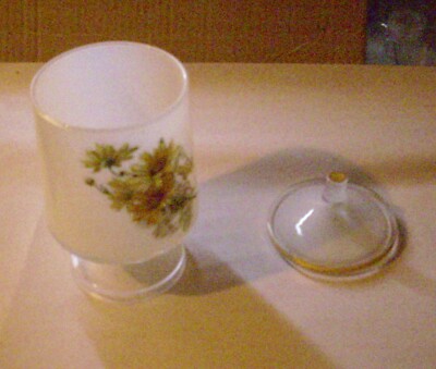 Vintage Bathroom Jar for Q-tips Cotton Swabs Glass with Flowers Gold Ring
