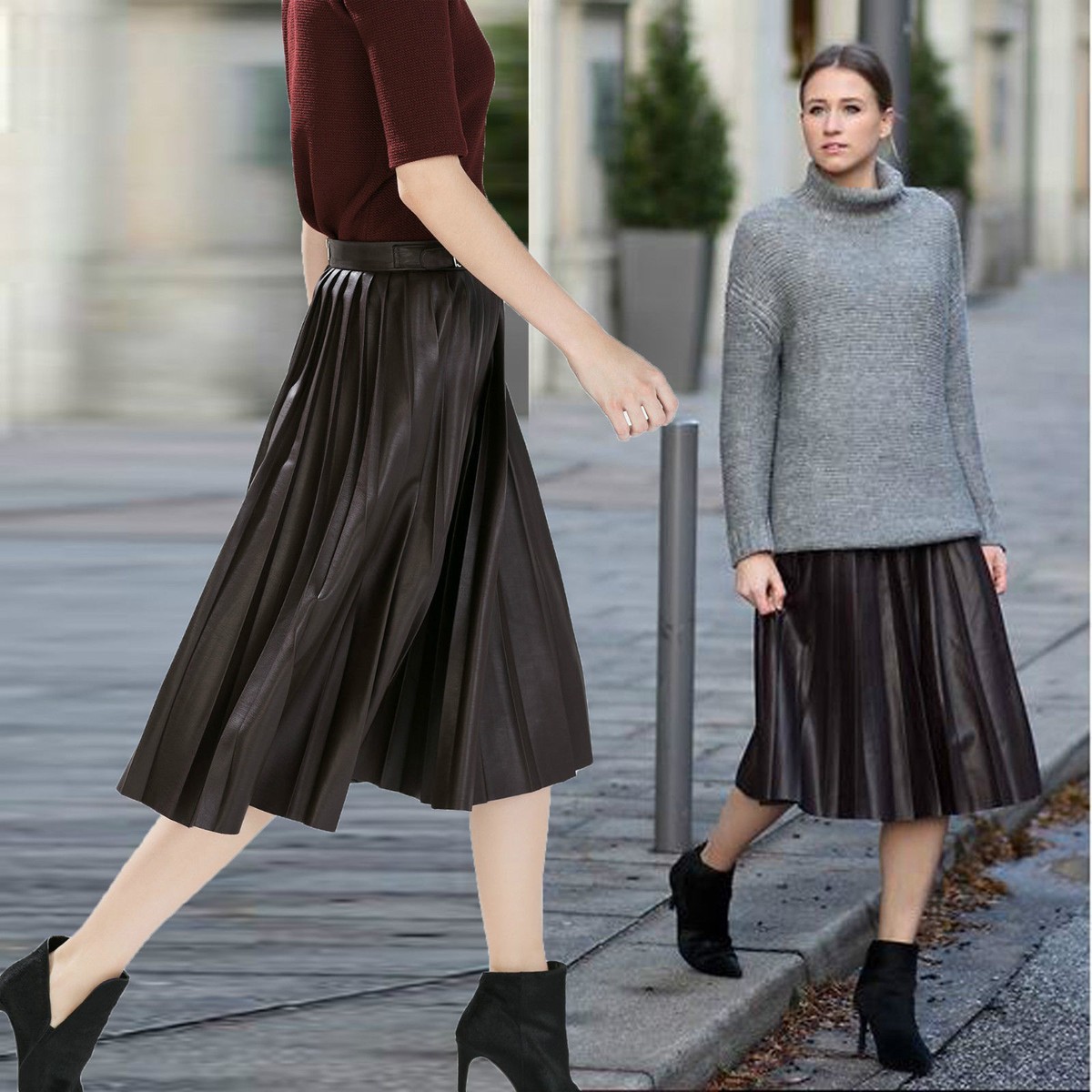 Jupe Mi-longue Plissée ZARA - Simili Cuir Marron, Taille XS, Neuve Avec étiquettes