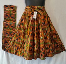 Women Kente Ankara Midi Short Skirt Elastic Waist 2 Pockets Free Size 8 Panel
