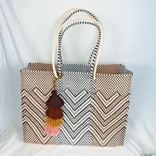 Oaxaca Mexico Hand Woven Recycled Plastic Market /Beach Tote Bag Pom-Pom Med