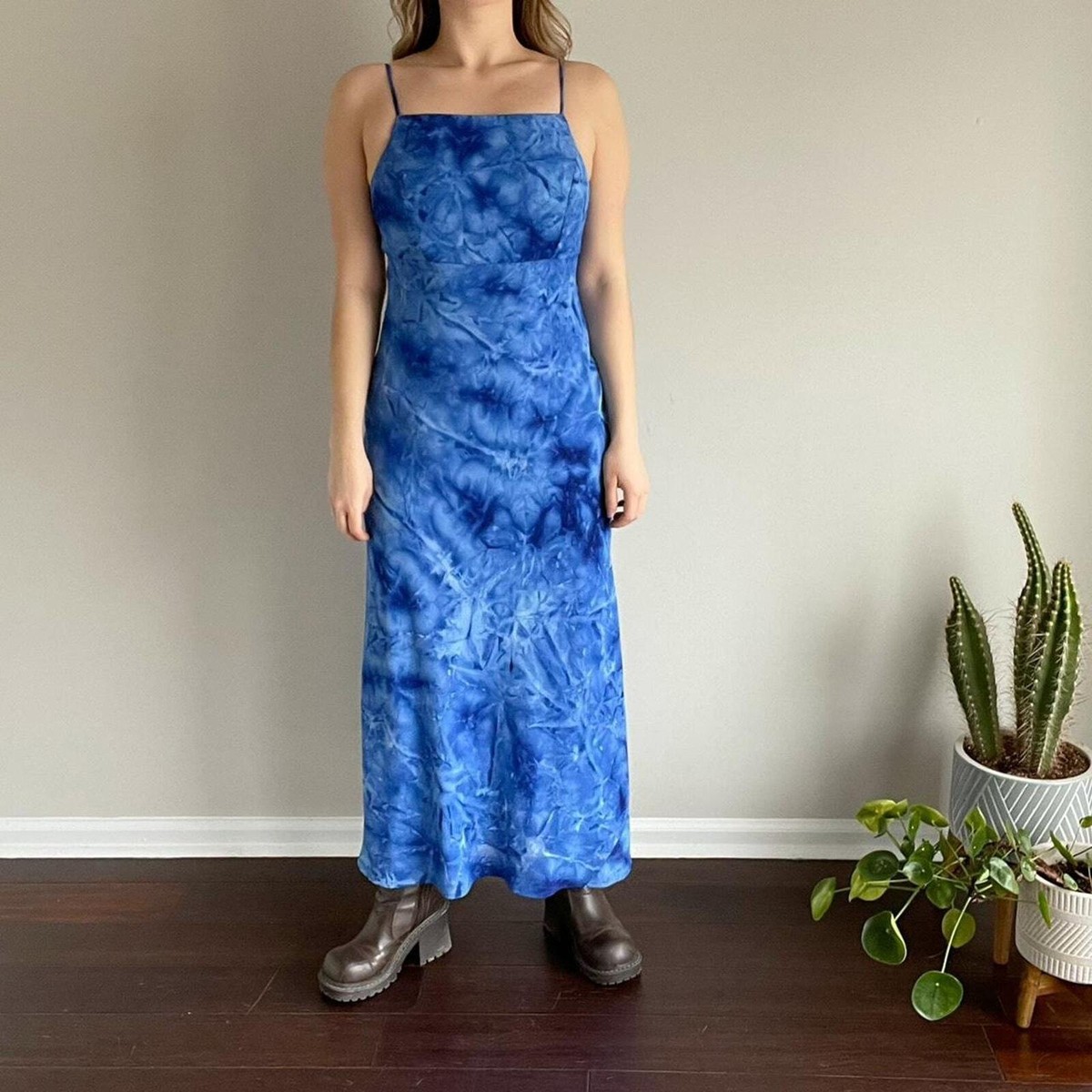 Vintage Maurices Blue Tie Dye Chiffon Maxi Dress! Lace Up Back - Sz Small