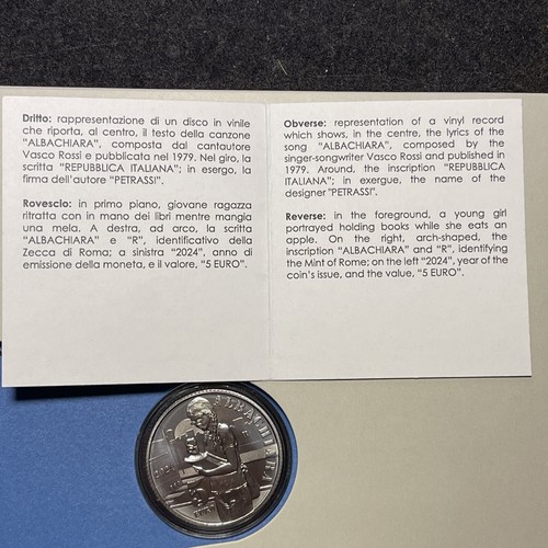 ITALIA - MONETA 5 EURO ARGENTO 2024 ALBA CHIARA VASCO ROSSI IN FOLDER UFFICIALE - Picture 7 of 9