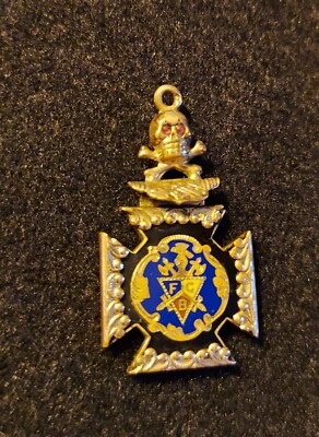 Gold Filled Enamel FCB Knights of Pythias FLT Old Fellows Watch Fob Skull Bones
