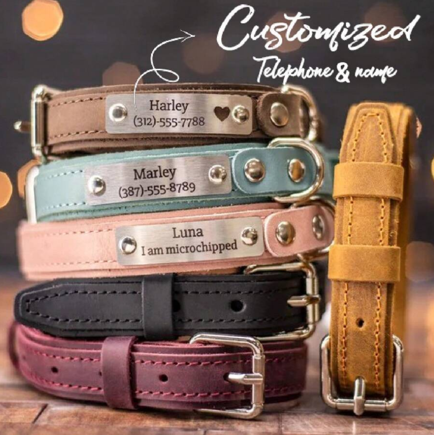 PU Leather Personalized Dog Collars Free Engraving Custom Cat Pet Name ID Collar