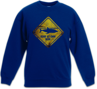 SHARK WARNING SIGN Kinder Pullover Hai Warnung Warnschild Surfer Surfing White