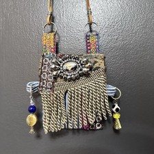 Hand Crafted Amulet Bag Medicine Pouch Necklace Purse Fabric Beaded Signed OOAK