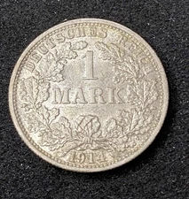 1914 F Germany 1 Mark 0.9000 Silver ASW 0.1606 Oz Free Shipping