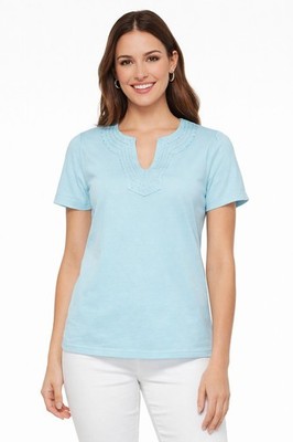 Rafaella Women s Small Blue Short Sleeve Top Cotton Embroidered Split Neck Casua