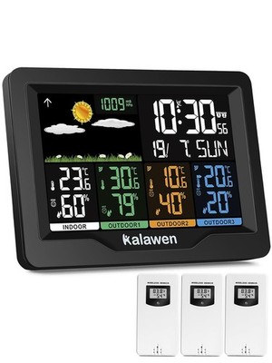 Kalawen Funkwetterstation mit 3 Außensensoren Farbdisplay DCF Uhr