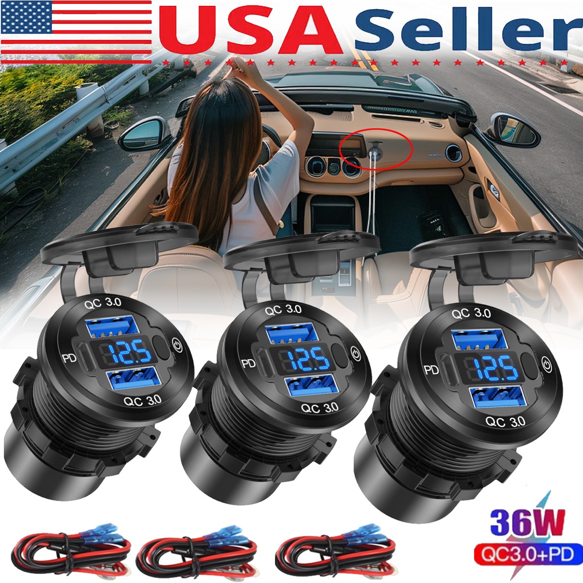 12V-24V PD + QC3.0 Dual USB Car Fast Charger Power Socket Outlet LED Voltmeter