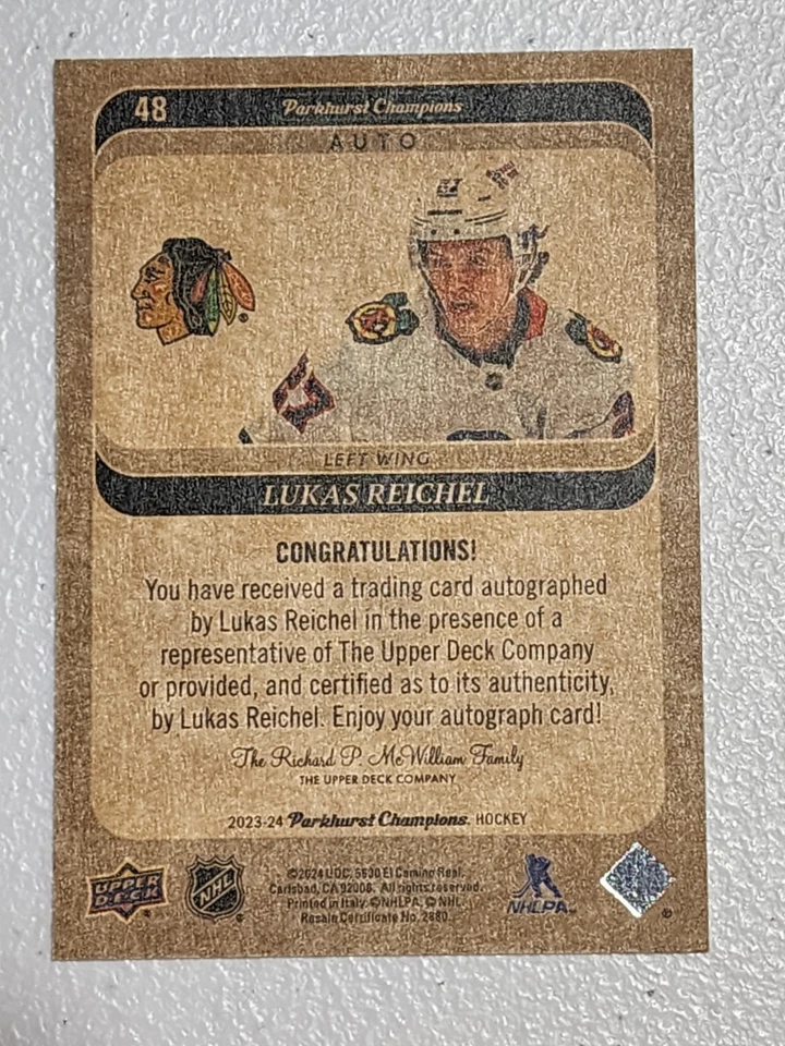Lukas Reichel 2023-24 Parkhurst Champions Auto #48 Blackhawks - Image 2 of 2