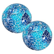 2 Pcs 3.1 in Glass Decorative Balls for Bowls, Mosaic Glass Balls, Blue+White