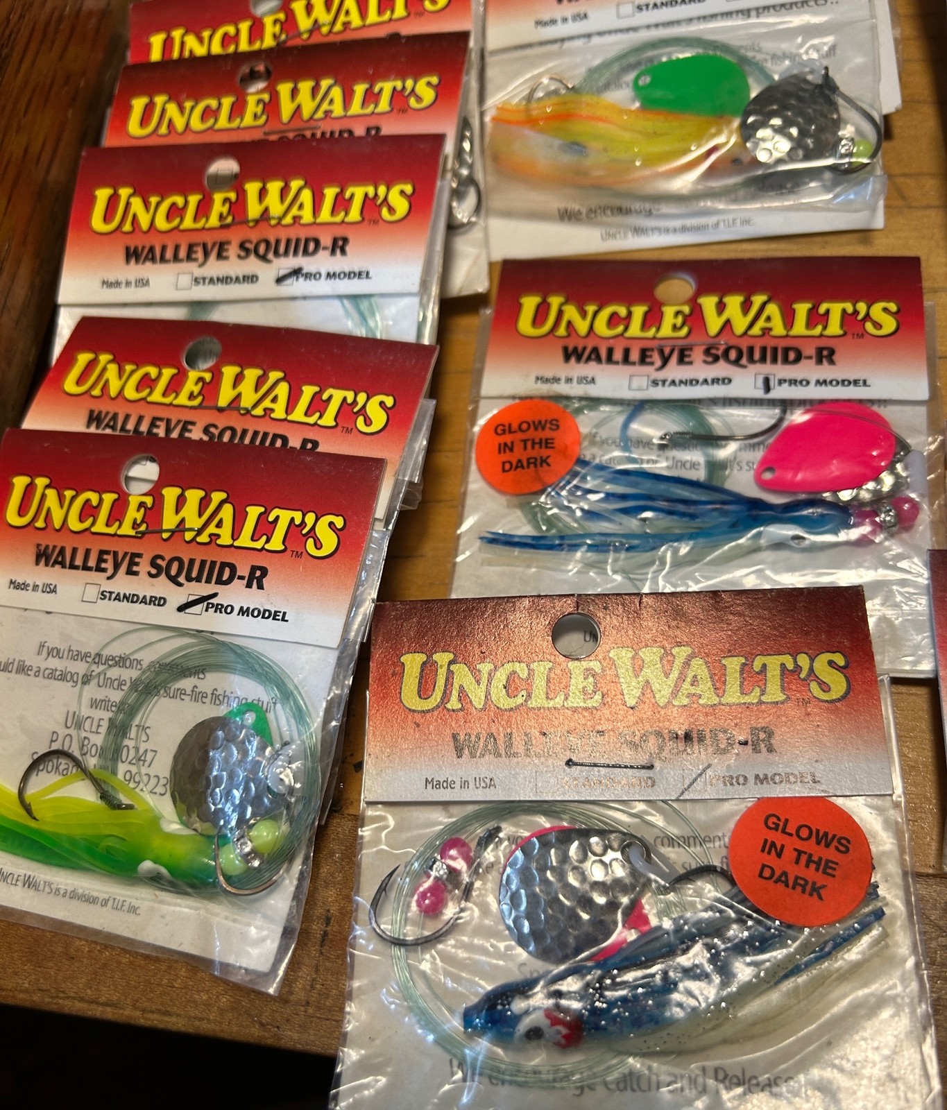 59 NEW UNCLE WALT'S WALLEYE SQUID-R PRO SPINNERBAIT LURE SPOKANE MANY COLORS GLO - Image 2