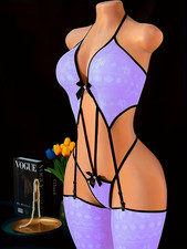 NEW 1-Size Sexy Lavender Lingerie Bodysuit Hollow-Out Backless Suspender Undies.