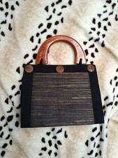 Vintage Korbtasche Strohtasche Holzgriffe Boho Handtasche geflochten schwarz bra
