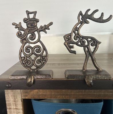 Rustic Cast Iron Christmas Stocking Holders Fireplace Mantle Shelf Set of 2