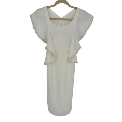Club Monaco Irina Dress White Ruffle Sleeve Silk Trim Cocktail Sheath Size 2 EUC