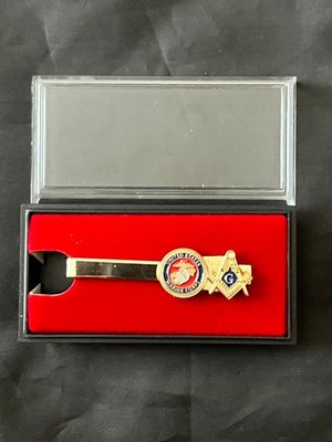 US Marines Masonic Square Compass Tie Bar Necktie Gold Color Fraternity NEW!