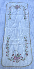 VTG Floral Hand Embroidered Table Runner Flower Basket Floral Pink 12.5"x33"