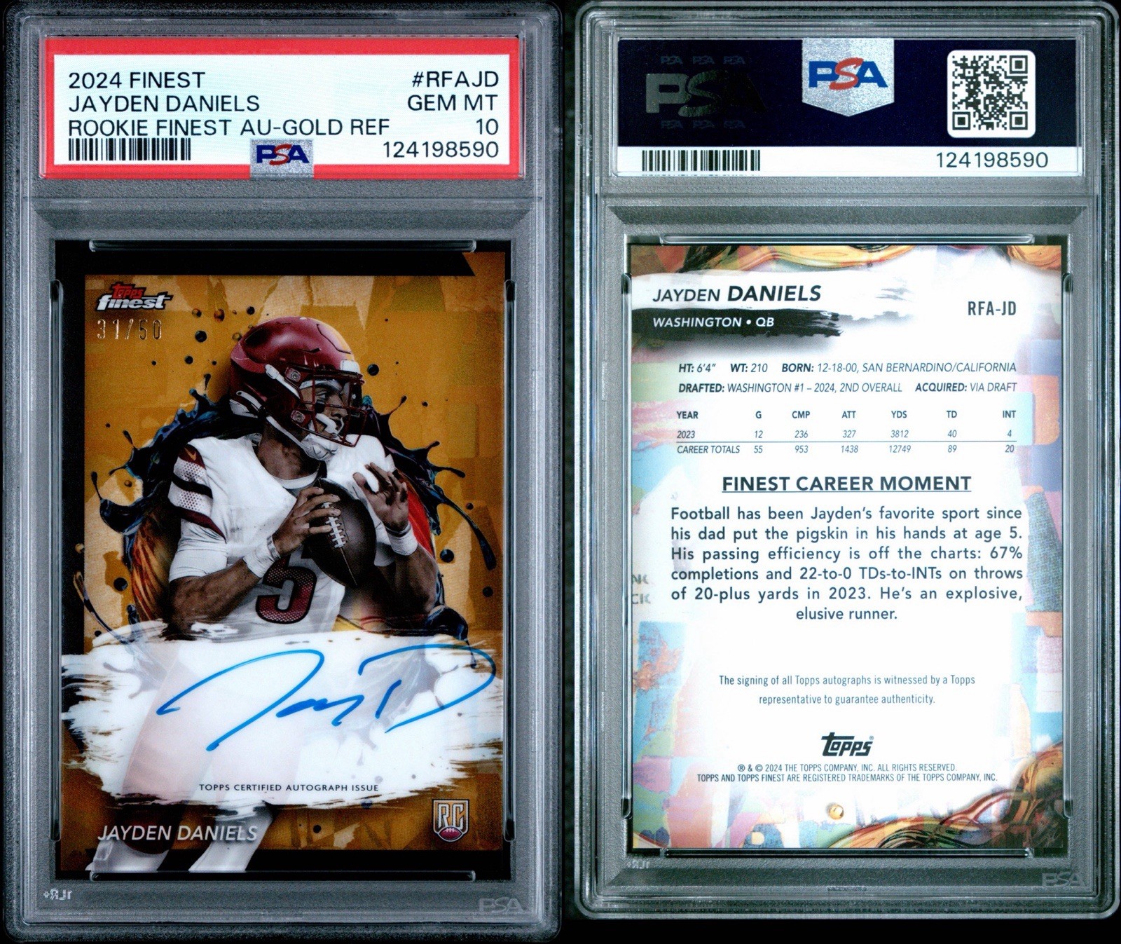 2024 Topps Finest Jayden Daniels Gold Refractor Auto 31/50 RC PSA 10 view 3