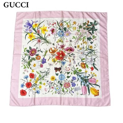 GUCCI ACCORNERO Flora Silk Scarf Pink Ivory Floral Pattern 87cm x 87cm Ladies Ac