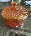 Vintage Imperial Marigold Carnival 474 Mayflower Cosmo Puff Box