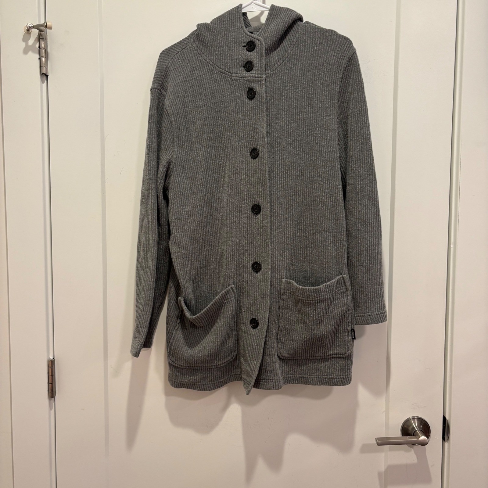 Lauren Ralph Lauren Gray Ribbed Cotton Hooded Button Front Cardigan Sweater M