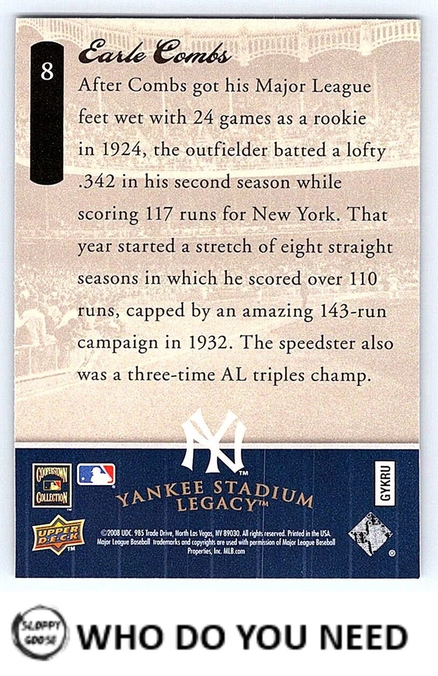 Earle Combs  2008  Upper Deck Yankee Stadium Legacy Final Box Set #8 - Image 2 of 2