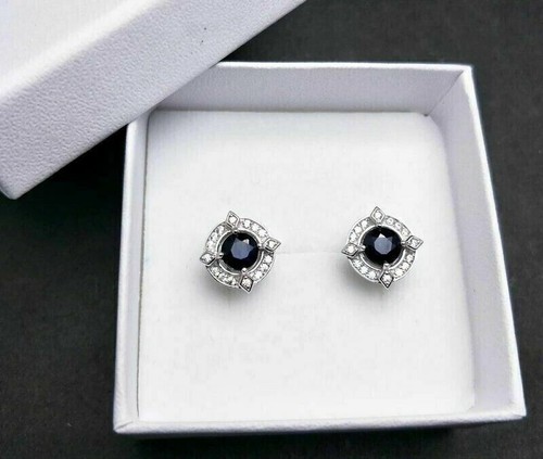 Art Deco Round Cut Sapphire Lab Created Diamond Stud Wedding Earrings 925 Silver - Picture 2 of 7