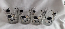 Vintage Culver Double Old Fashion Glasses Gold Black Top Hat Confetti - Set of 4