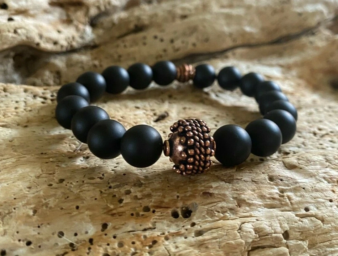 Men s Beaded Bracelet Matte Black Onyx Bold 10 mm Antique Copper Focal Beads