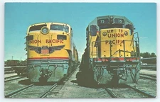 Postcard Union Pacific Railroad UP GTEL 4 & DD35 75 at Laramie Wyoming 1966