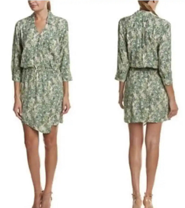 cabi green leaf dress CAbi Faux Wrap Dress Sz S Womans Green Leaf 3/4 Sleeve Elastic Waist Style #280