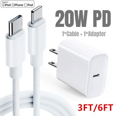 For iPhone 12 Mini 20W Fast Wall Charger USB Type C Power Adapter PD Cable 3/6FT
