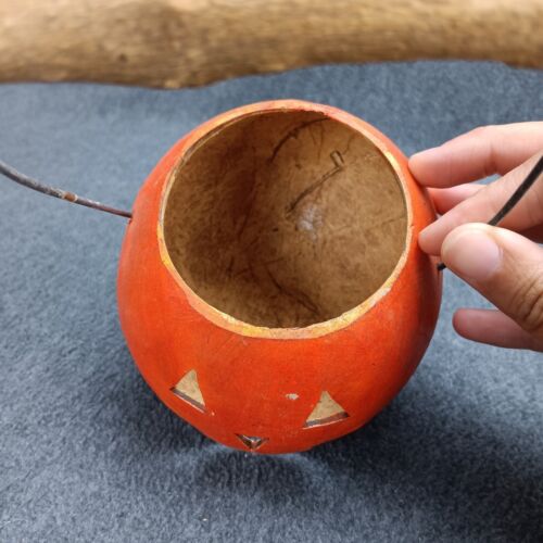 Rustic Gourd Jack-o-lantern Handmade Basket Branch Handle Tealight Holder - Picture 3 of 8