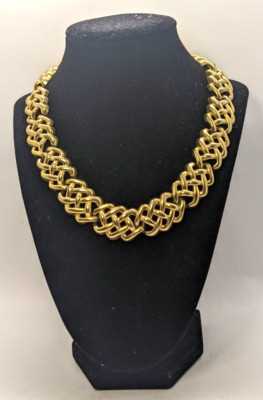 Chunky Collar Necklace Gold Tone Panel Links Chain Fold Over Clasp 17.5''