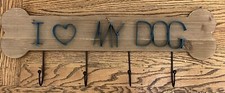 Dog Leash Hanger Holder Bone Shape Wood Wall Mount 4 Hook "I Love My Dog"