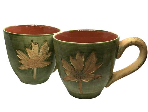Vtg Pottery Mugs Maple Leaf Handmade Artisan Coffee Tea Cup cabincore set of 2
