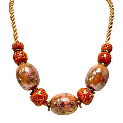 Vintage 1990s Pink Coral Color Cloissonne Style Floral Bead Silk Cord Necklace