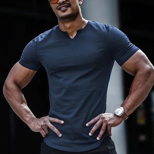 T-shirt homme col V uni manches courtes été hauts skinny tees décontracté stretch - Photo 11/22