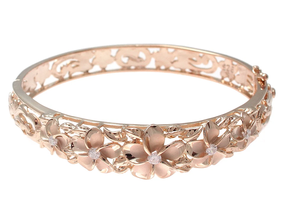 ORO ROSA PLATA 925 HAWAIANO ELEGANTE PLUMERIA FLOR MAILE HOJA BISAGRA BRAZALETE Foto 3 de 4