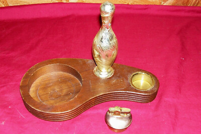 Old Bowling Pin Trophy Table Cigarette Lighter & Ashtray Set Vintage 1960s  Décor