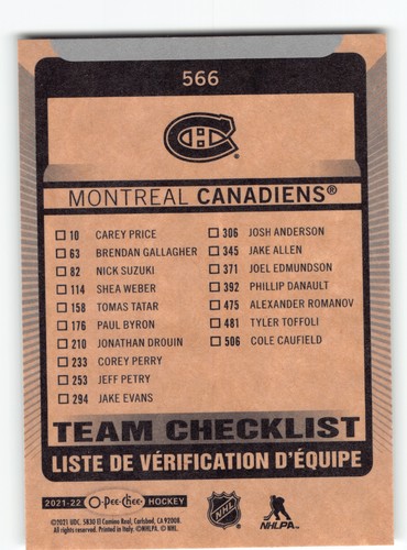 Montreal Canadiens Team Checklist Card 2021-22 - Picture 2 of 2