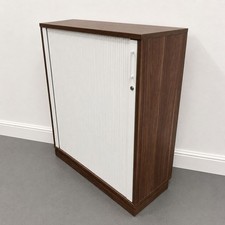 Mid-Height Office Tambour Cupboard, Walnut / White, 2 Adjustable Shelves, Loc...