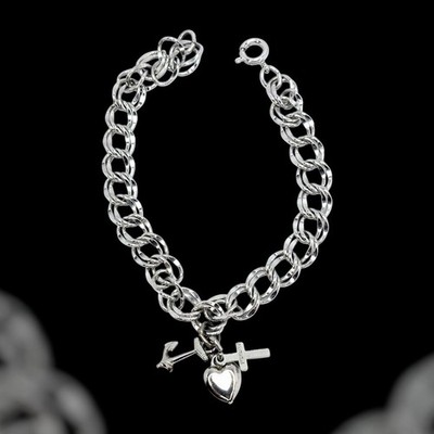 Vintage Sterling Silver Faith Hope Charity Bracelet 7'' - Cross Anchor Heart