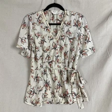 Sienna Sky Womens Floral Ruffle Blouse faux wrap Top white Brown Size L